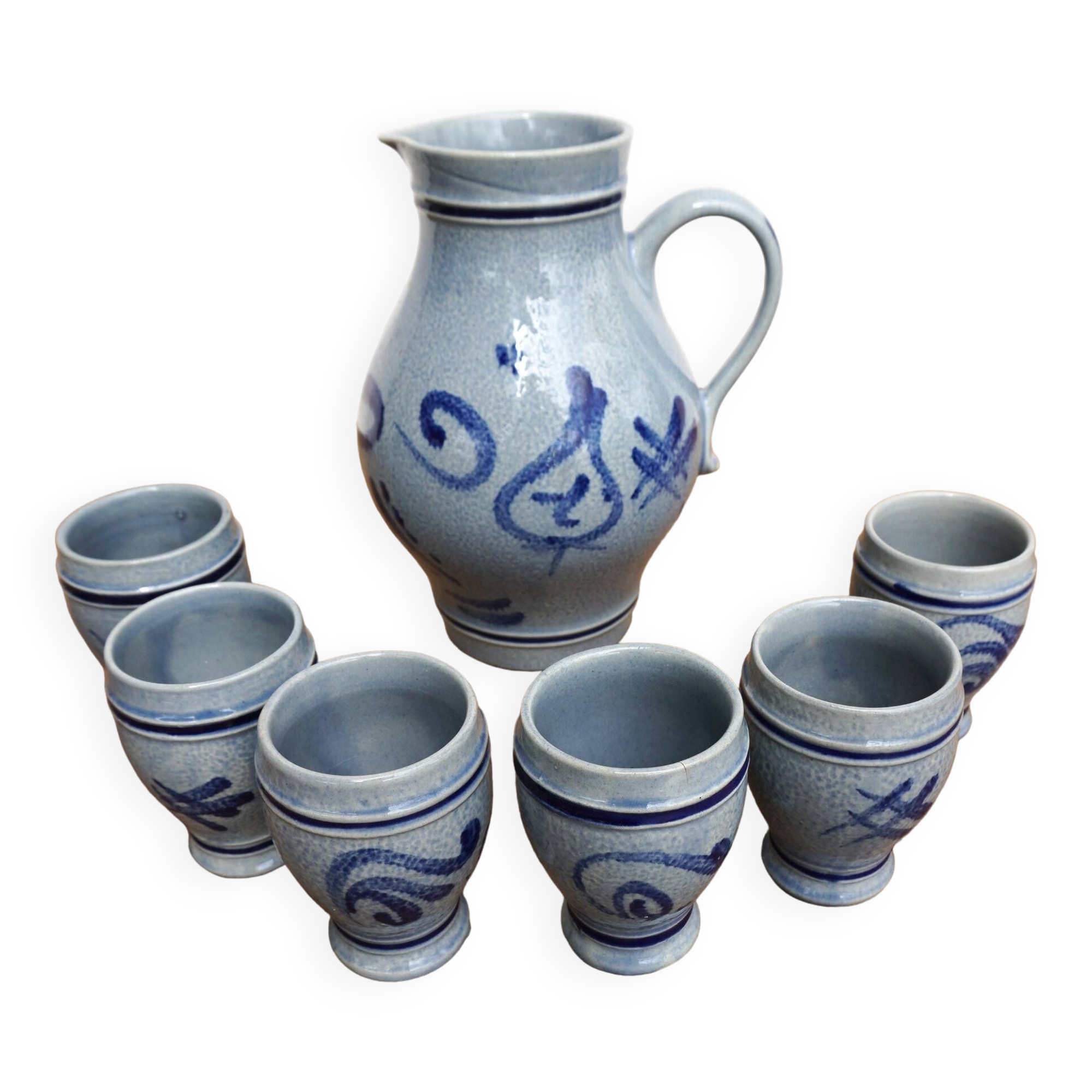 Pitcher and 6 glasses in vintage blue stoneware Marzi & Rémy German pottery