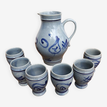 Pitcher and 6 glasses in vintage blue stoneware Marzi & Rémy German pottery