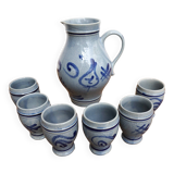 Pitcher and 6 glasses in vintage blue stoneware Marzi & Rémy German pottery