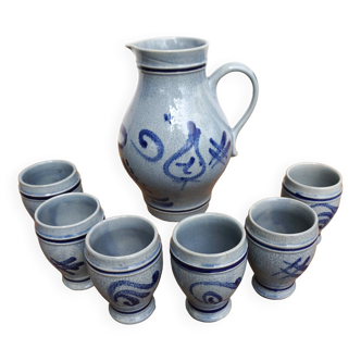 Pitcher and 6 glasses in vintage blue stoneware Marzi & Rémy German pottery