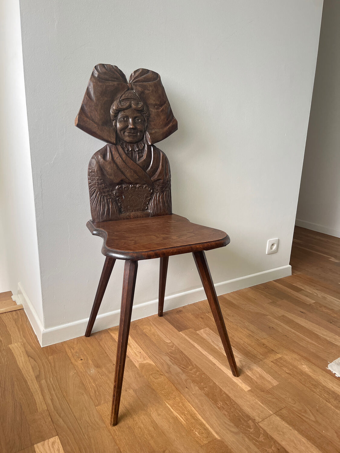 Old Alsatian carved wooden chair – traditional character backrest