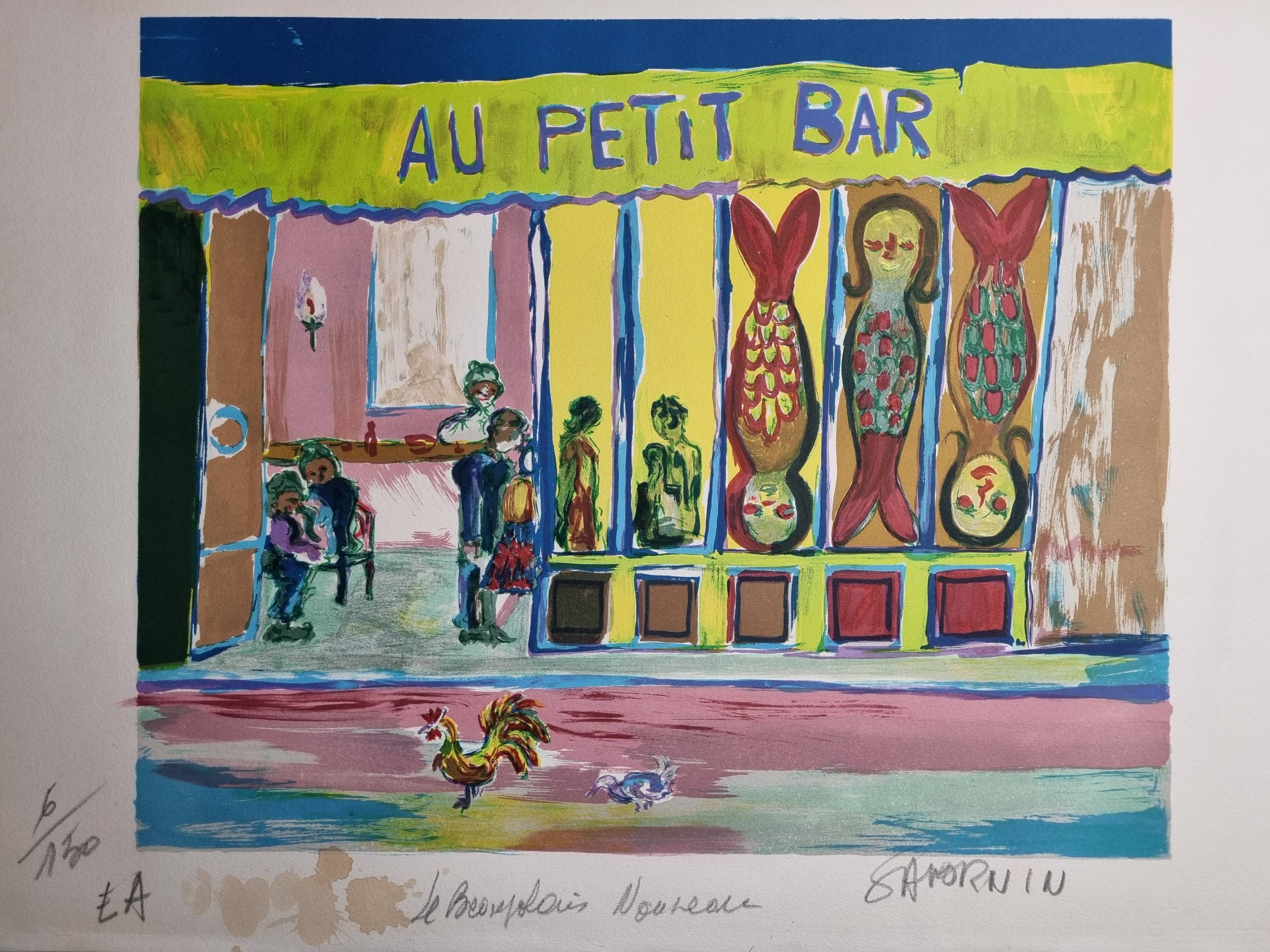 Lithograph, at the little bar, Beaujolais Nouveau, artist's proof, numbered signed, 76 x 55 cm