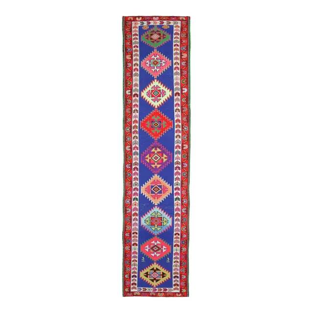 1970s Vintage Turkish Hand-Knotted Wool Cotton Blue Runner Rug 83x364