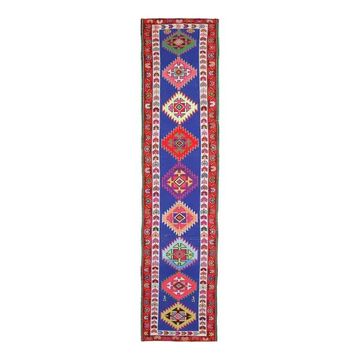 1970s Vintage Turkish Hand-Knotted Wool Cotton Blue Runner Rug 83x364