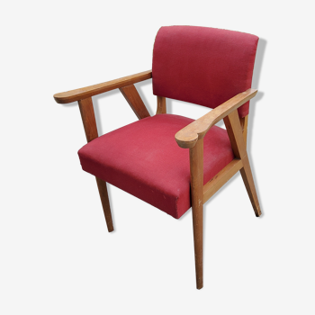 Armchair of the 50s in blond oak and red fabrics compass feet