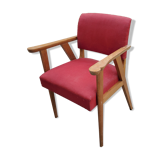 Armchair of the 50s in blond oak and red fabrics compass feet