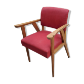 Armchair of the 50s in blond oak and red fabrics compass feet