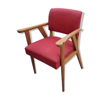 Armchair of the 50s in blond oak and red fabrics compass feet