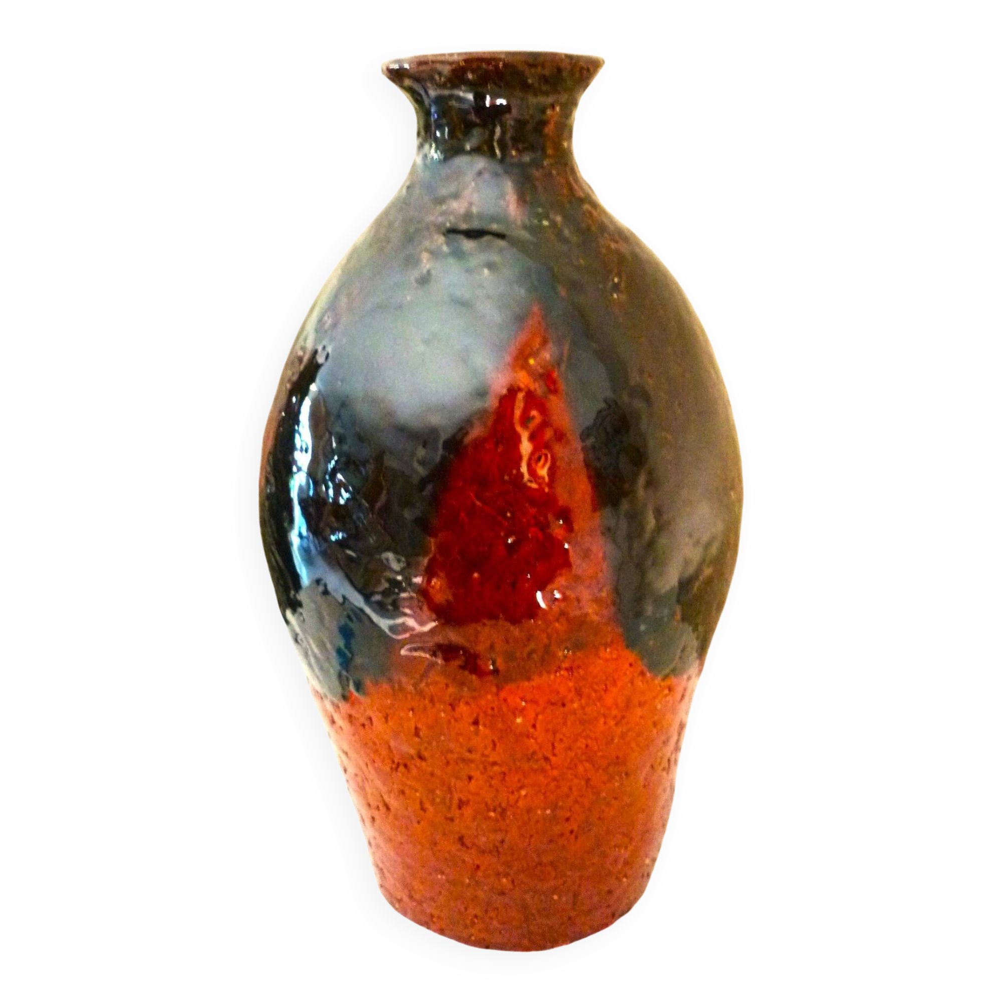 Ceramic vase, chamotte terracotta, enamelled, signature to be identified, vintage