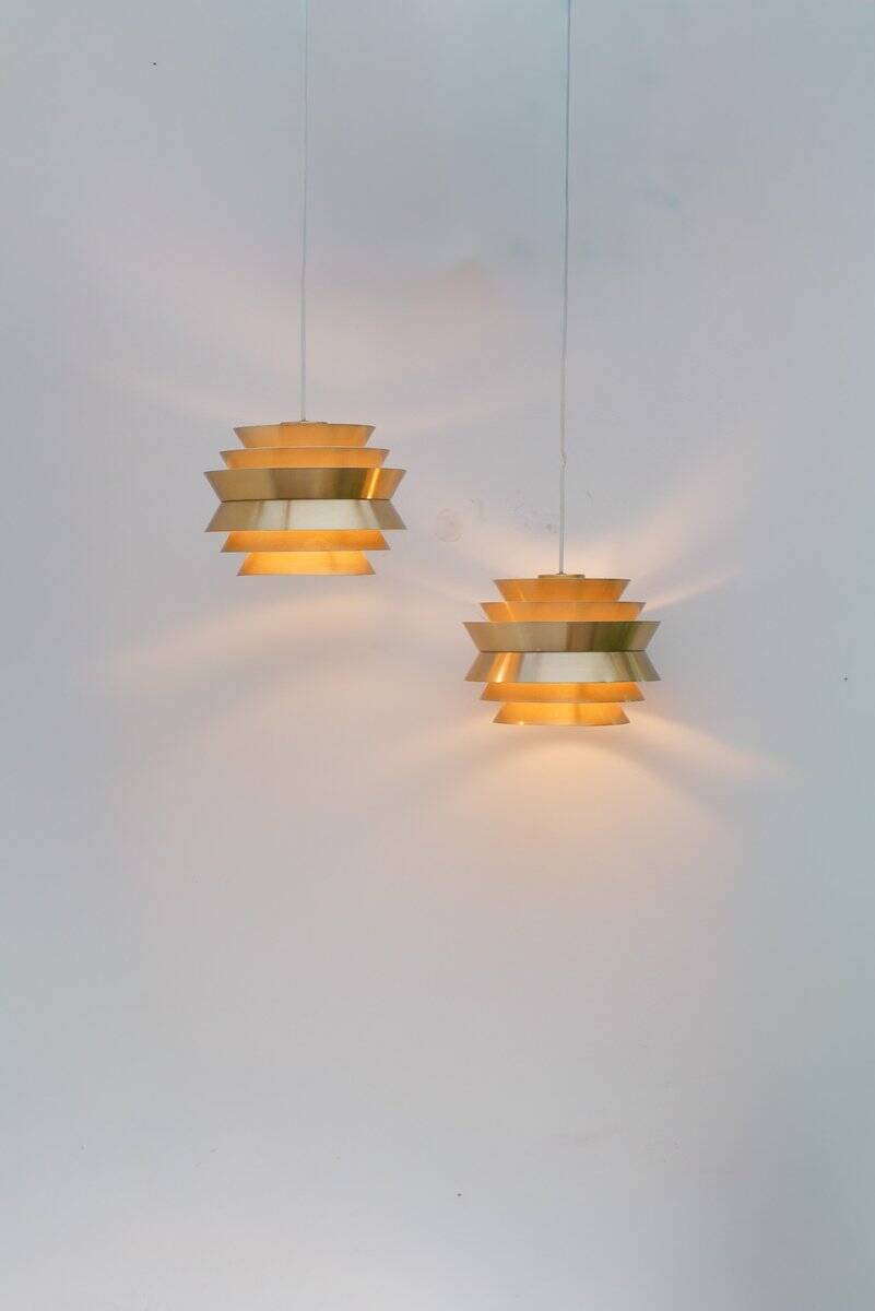 Brass-coloured metal pendant Trava lamps by Carl Thore, Sweden from Granhaga Metallindustri, 1960s, set of 2