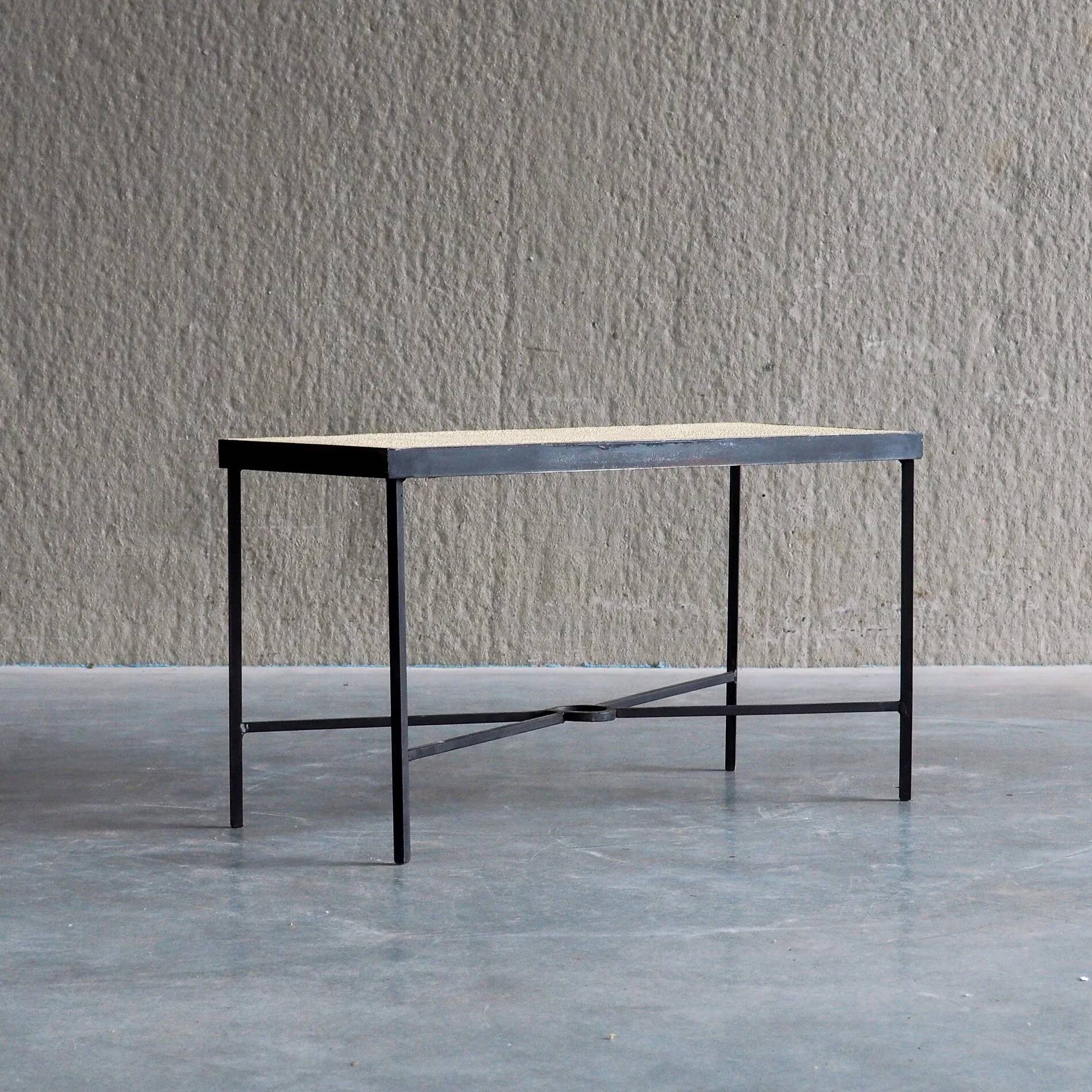 Set of 2 minimalist metal side tables with plaster-fiber tops