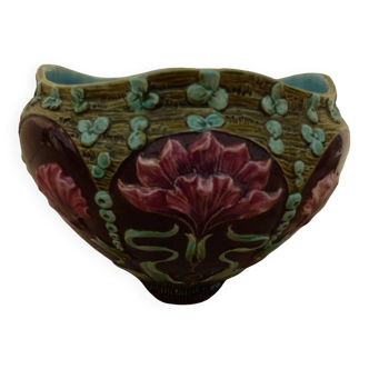 Cache pot ancien en faience avec décor Fleurs