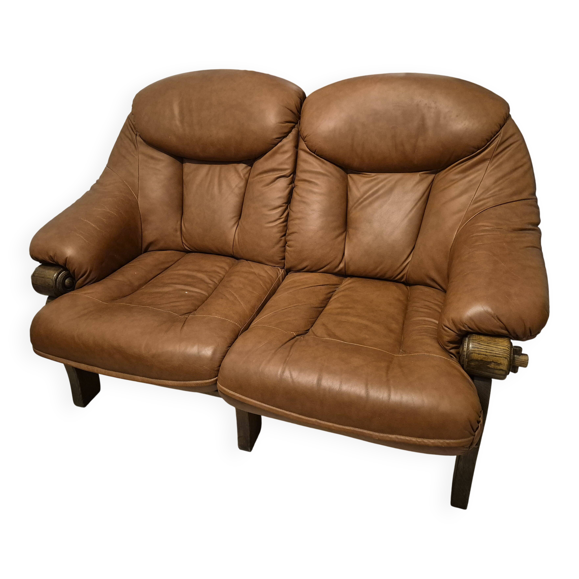 Vintage Scandinavian two-seater sofa in cognac leather and solid oak.