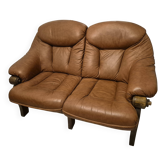 Canapé vintage scandinave , 2 places en cuir cognac et chêne massif
