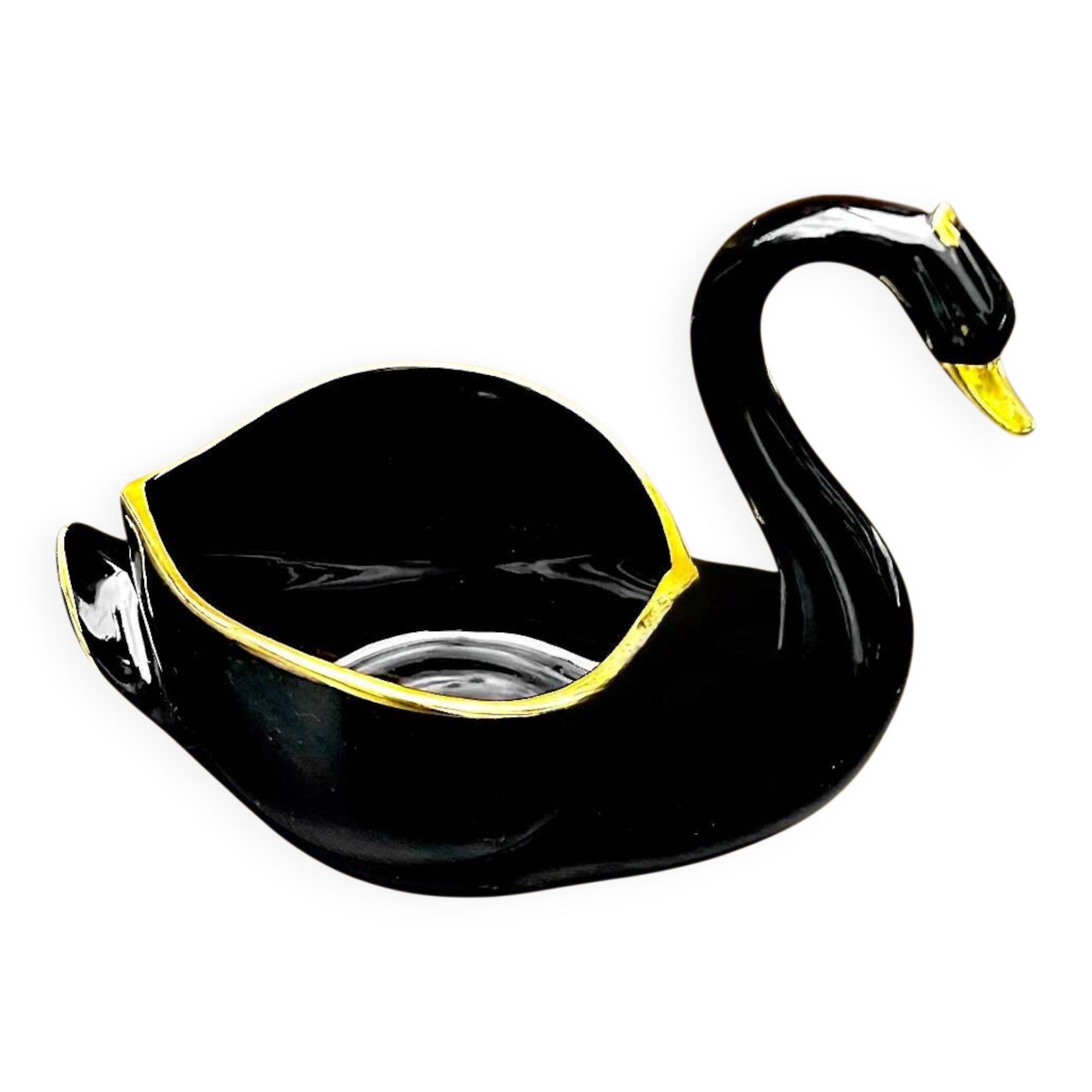 Vintage black and gold ceramic swan vase from the 1960s.