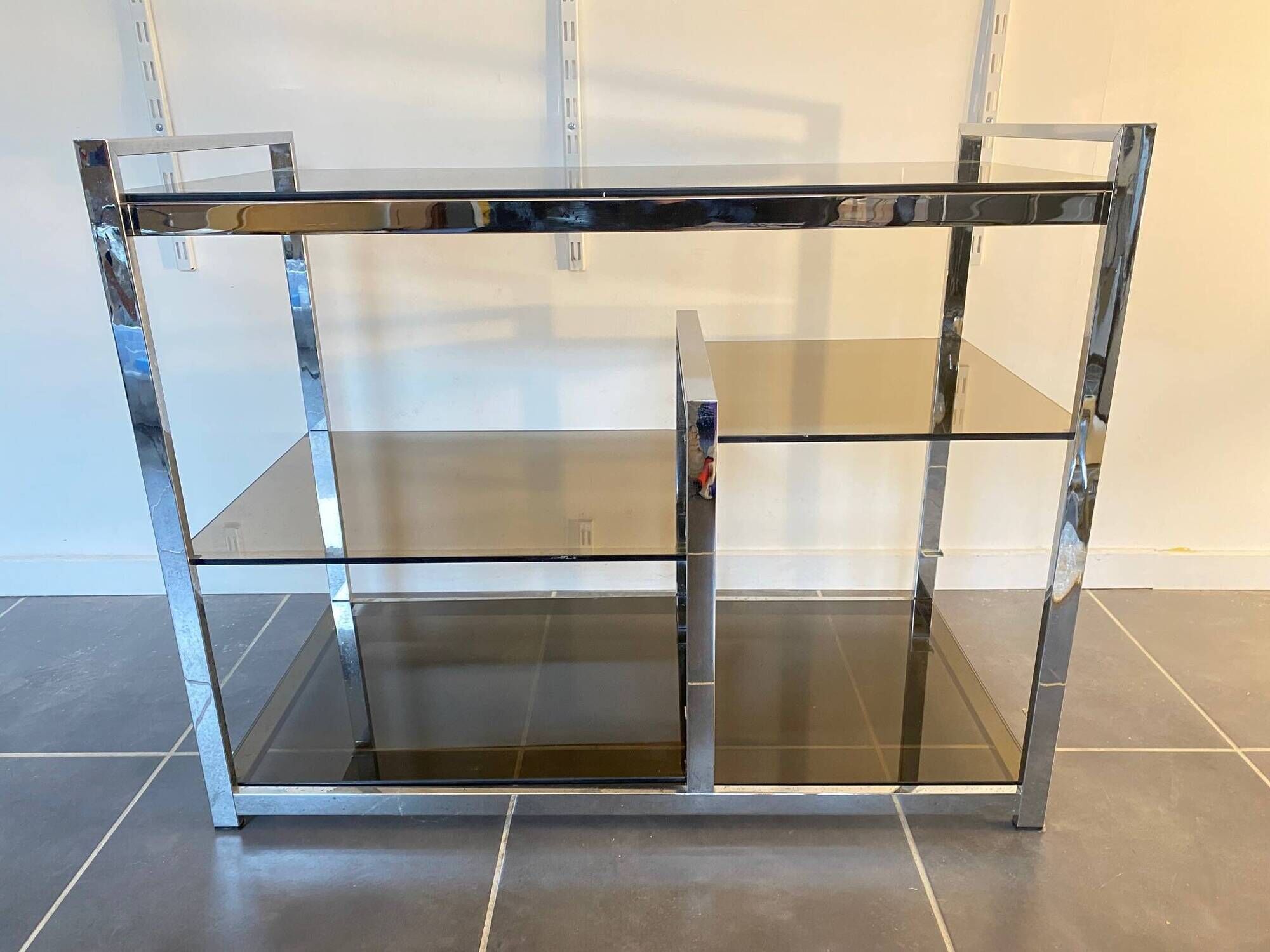 TV storage unit in chrome steel and vintage glass 1970