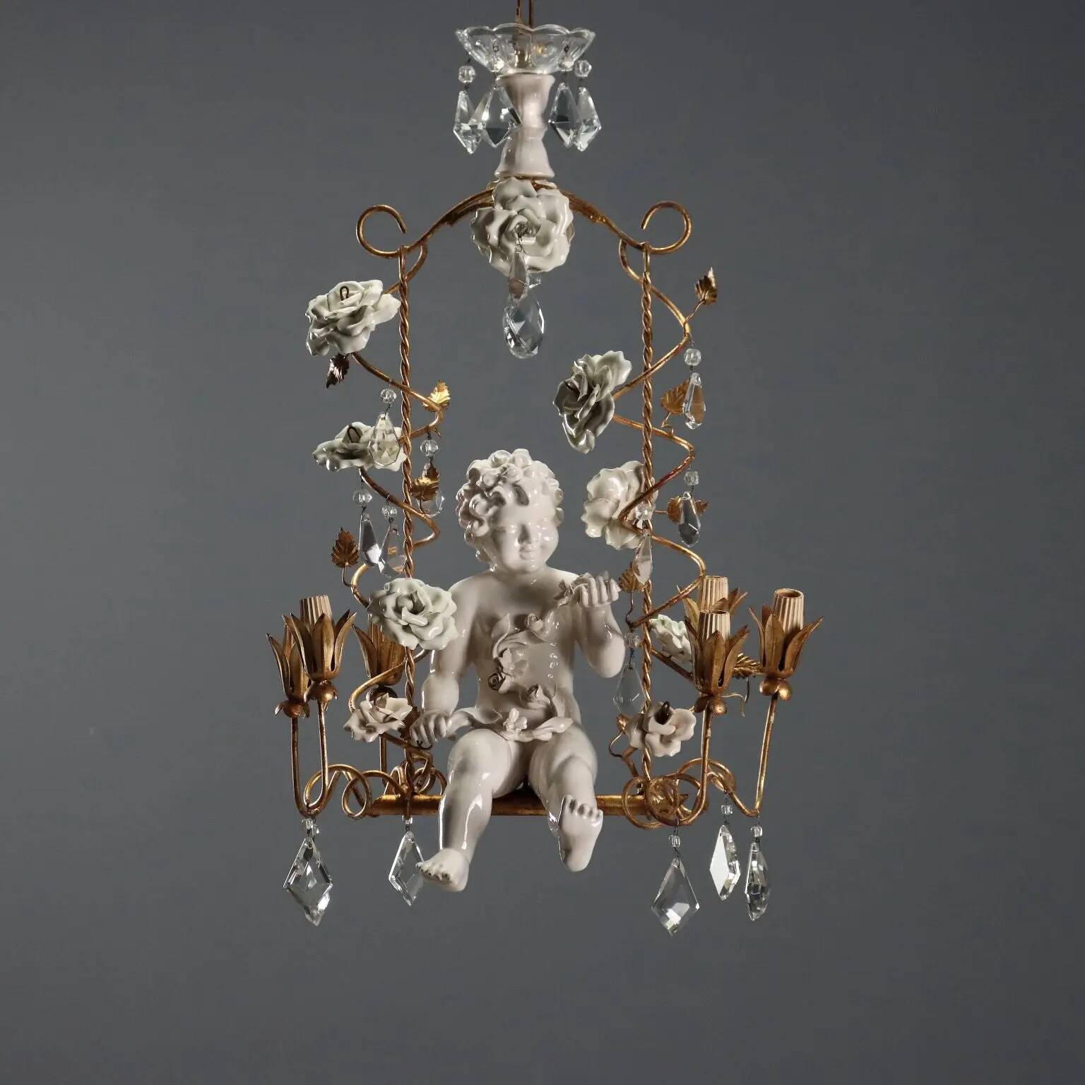 Antique chandelier in iron, gilded sheet metal and ceramic, Italy, 20th century