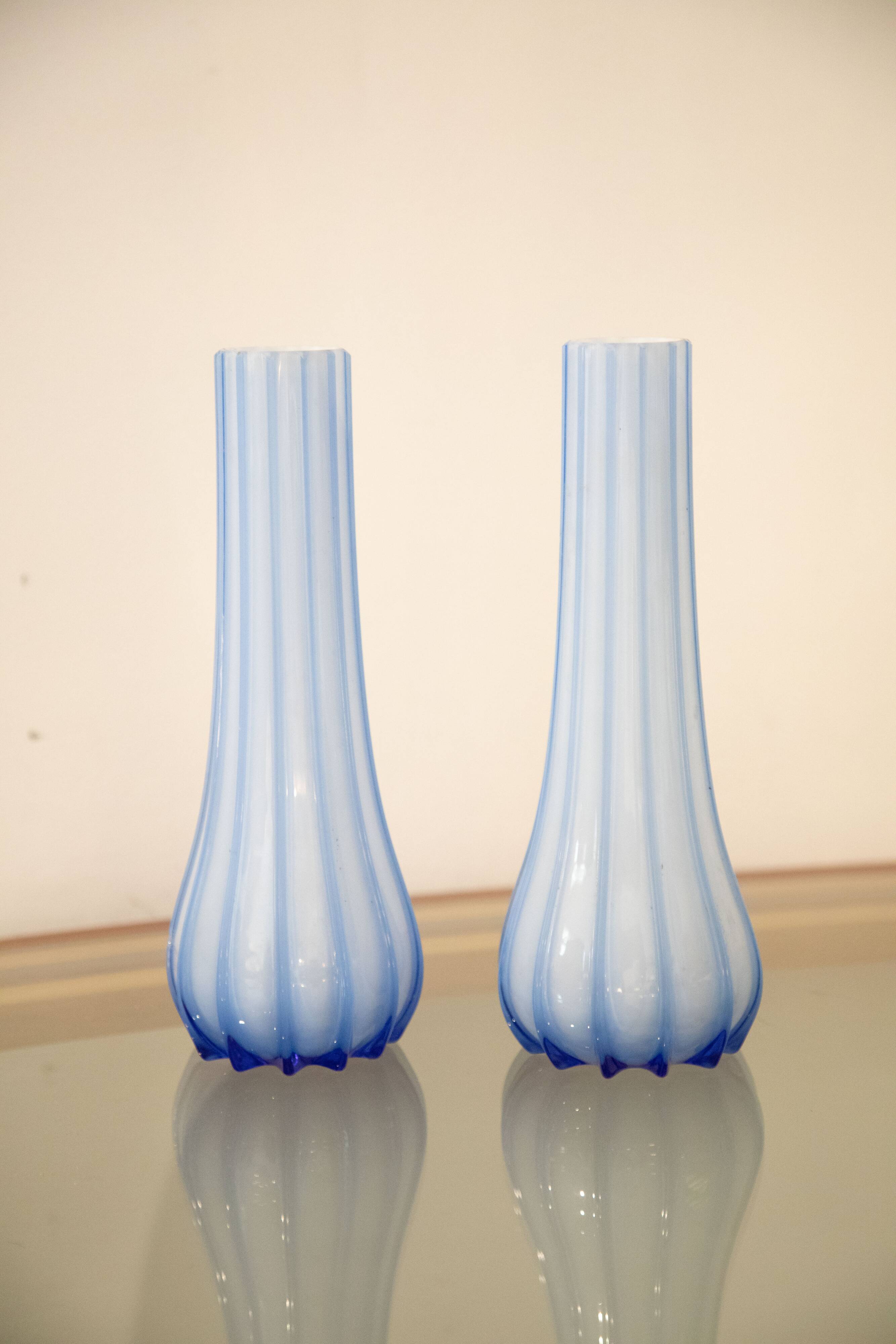 Pair vases Opal glass Streaked Blue