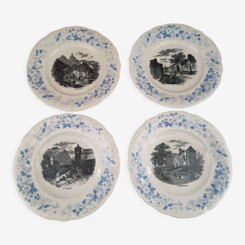 Set of 4 dessert plates in earthenware old décor cities and blue floral marli
