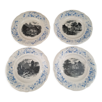 Lot de 4 assiettes à dessert en faïence ancienne décor villes et marli floral bleu