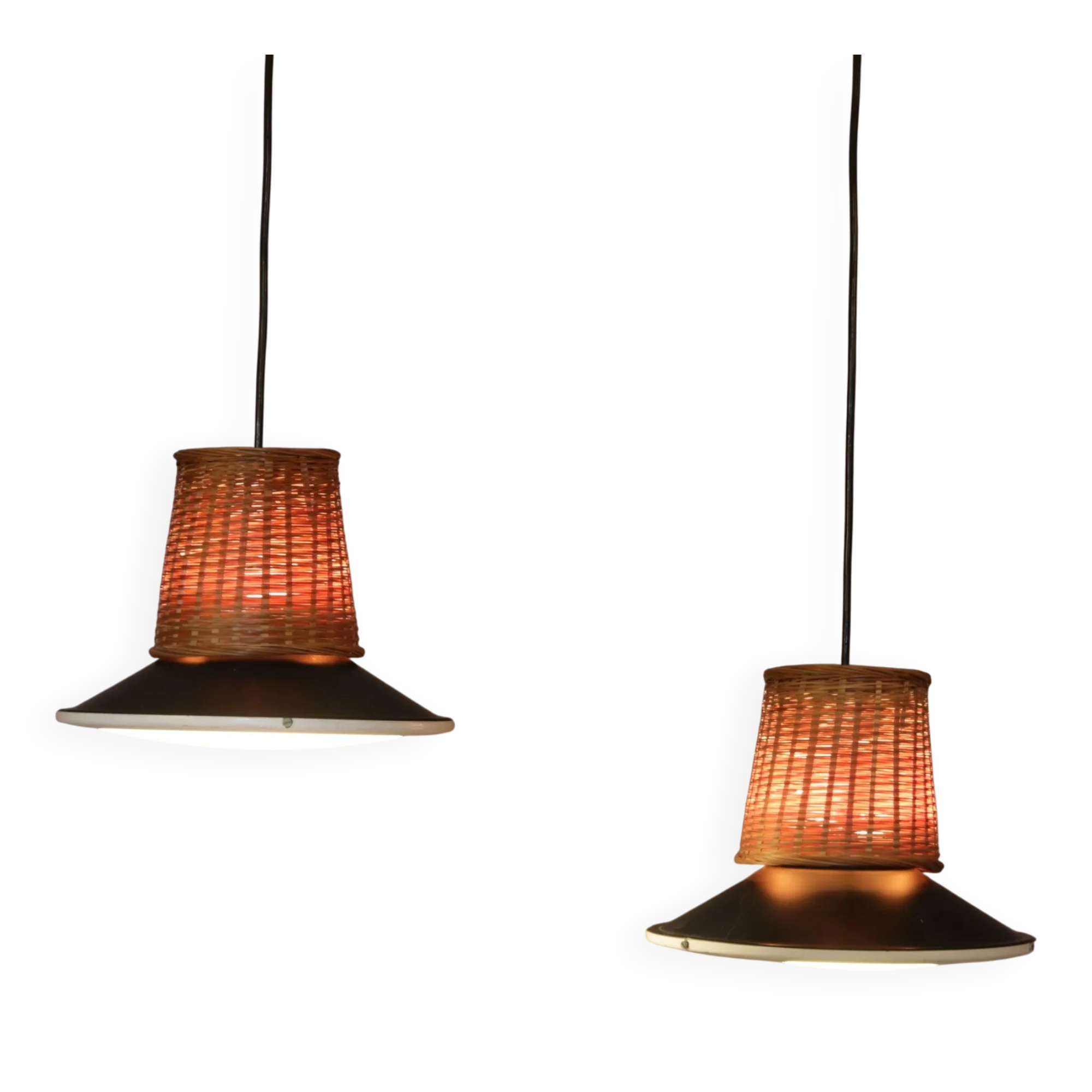 1950s set of 2 hanging lamps wicker/black metal/glass