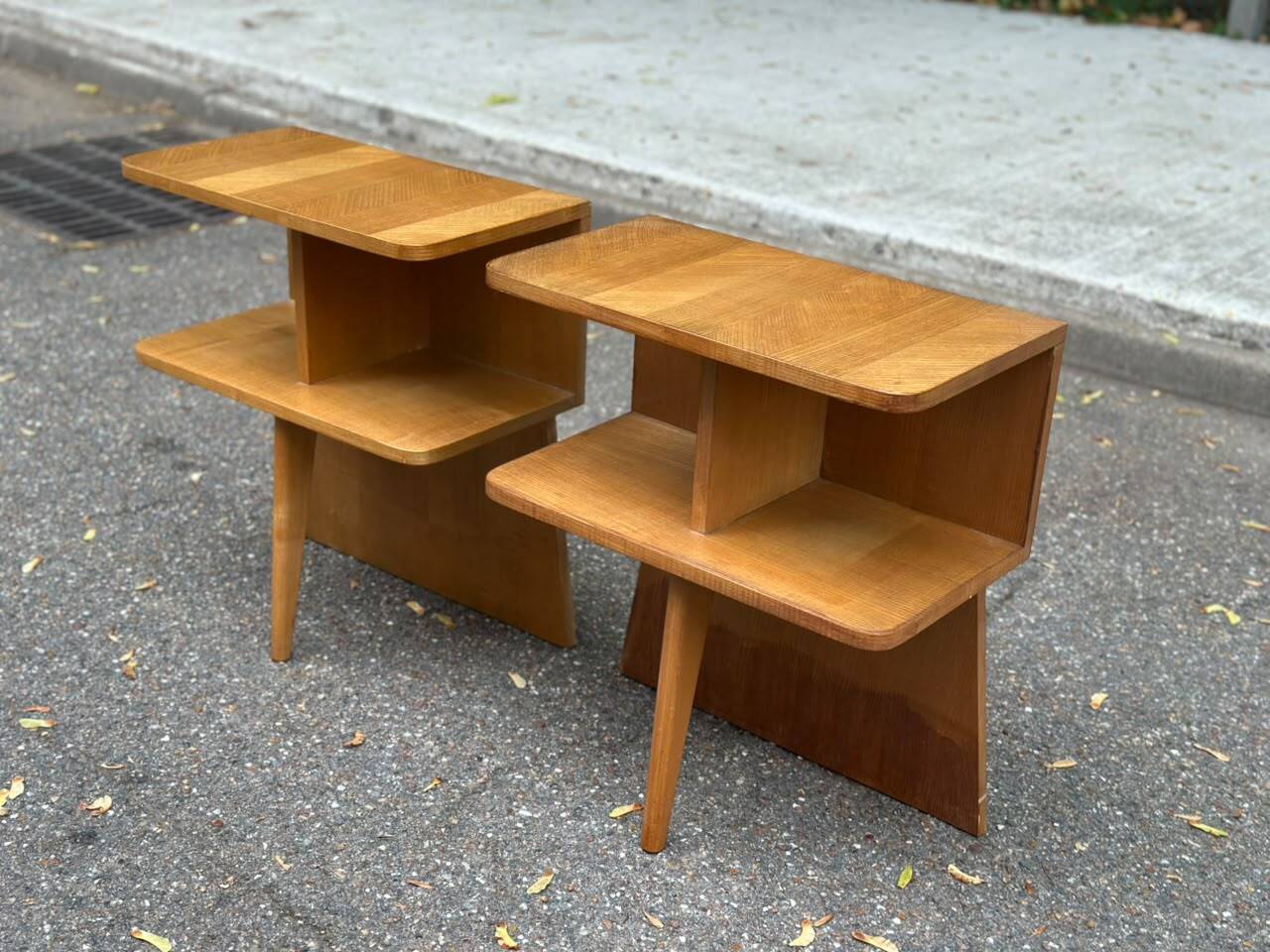 Asymmetrical Mid Century Modern bedside tables oak 1960