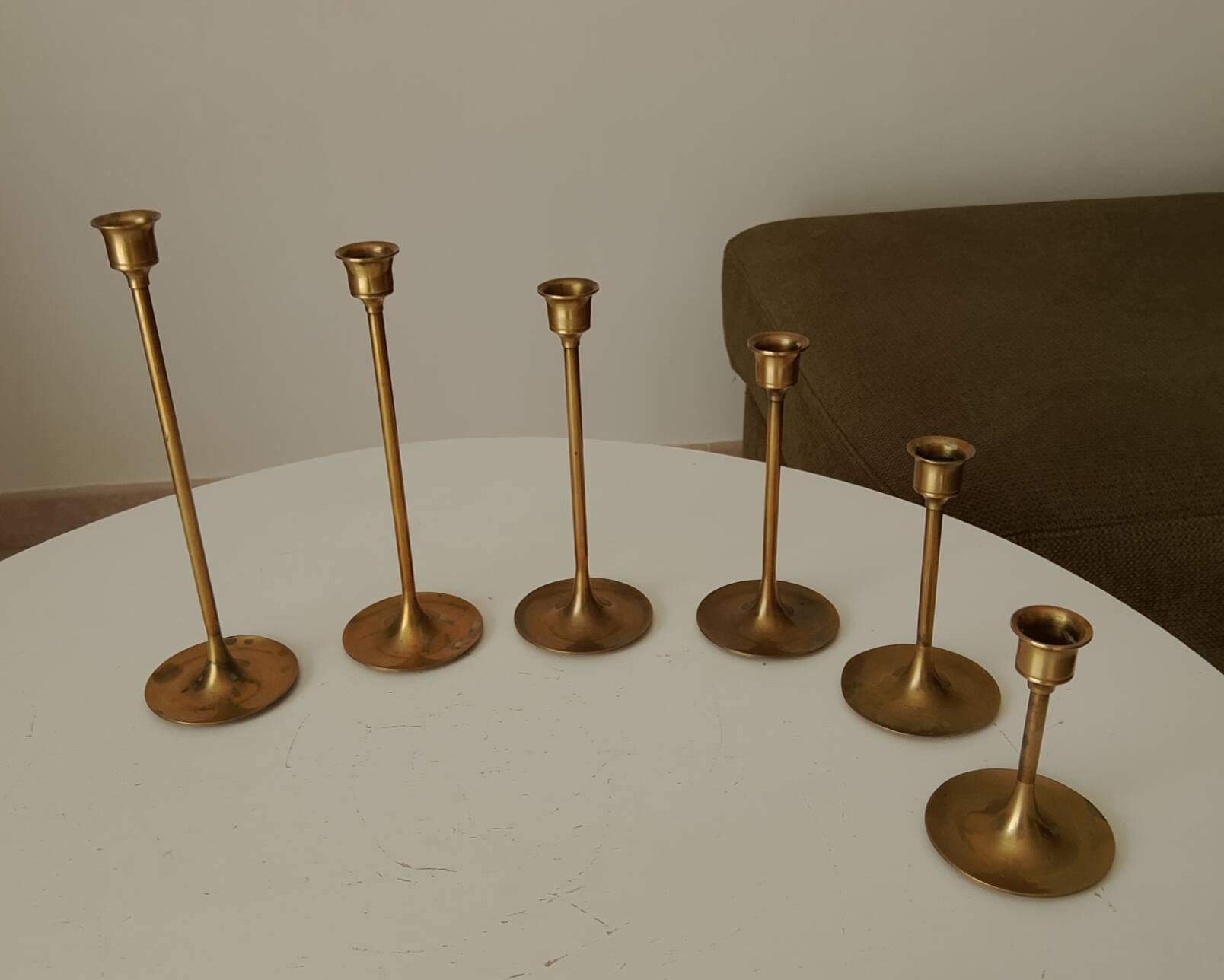 Set of 6 Scandinavian brass candle holders from the 1960s.