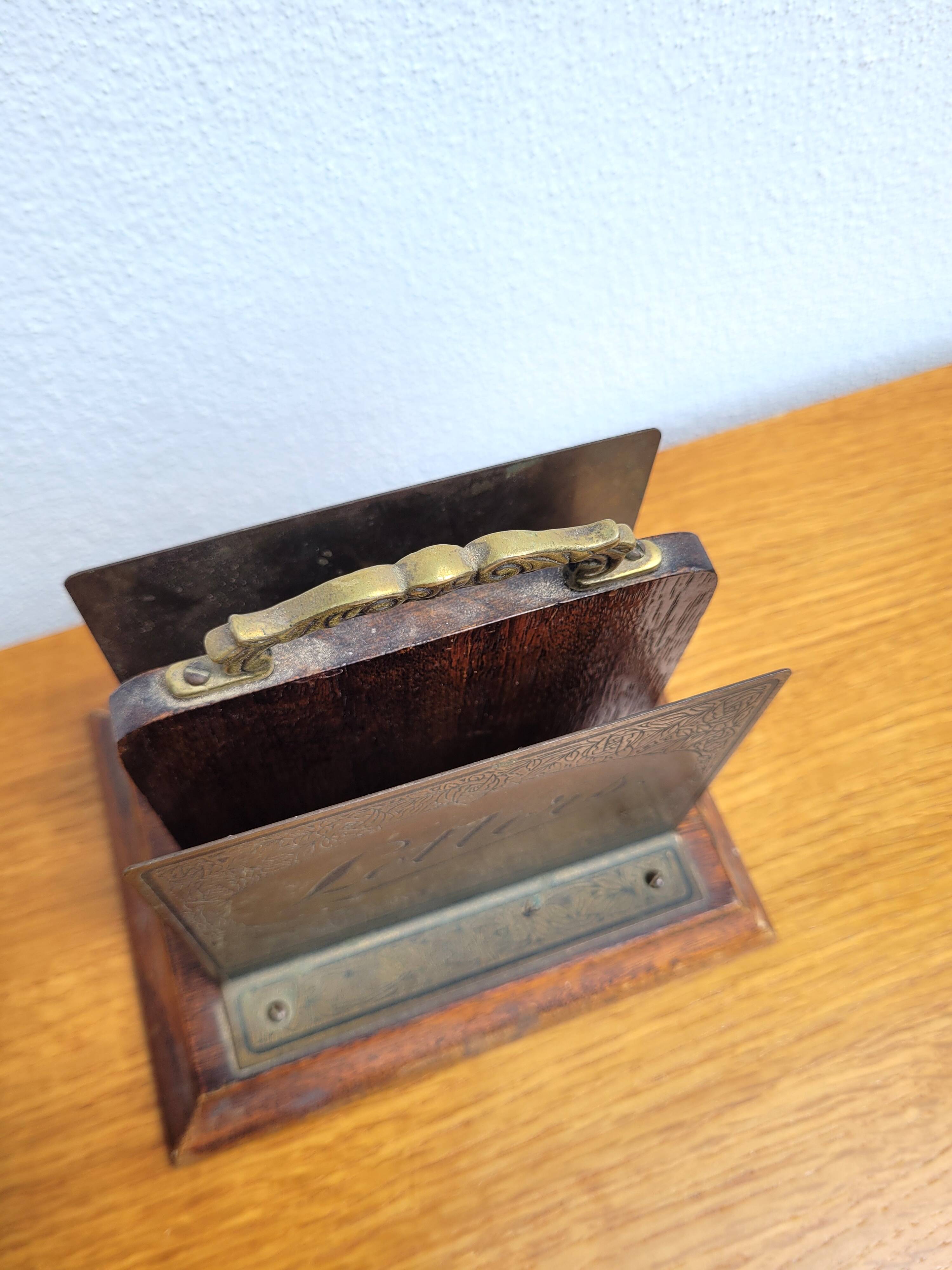 Vintage letter holder in wood and brass