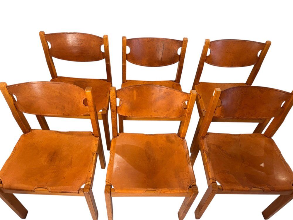 Vintage elm and leather chairs by Maison Regain, 1970s, set of 6.