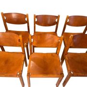 Chaises vintage en orme et cuir par Maison Regain, années 1970, lot de 6
