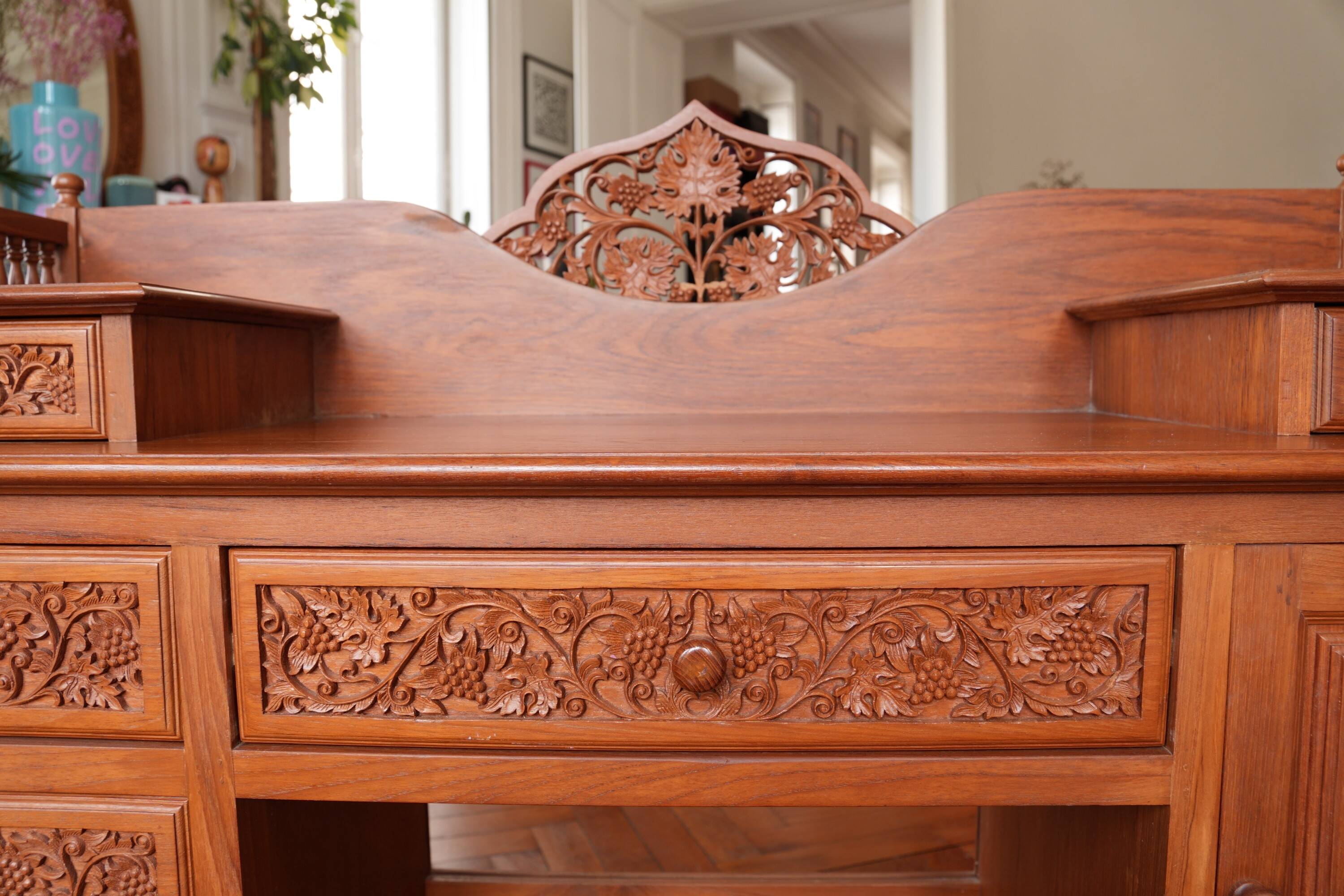 Vintage Vanity Desk, unique hand carved, Chiang Mai teak wood