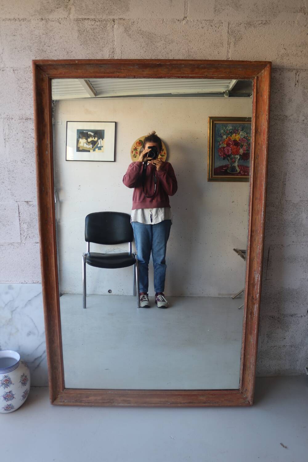 Large antique mirror in patinated wood h170cm