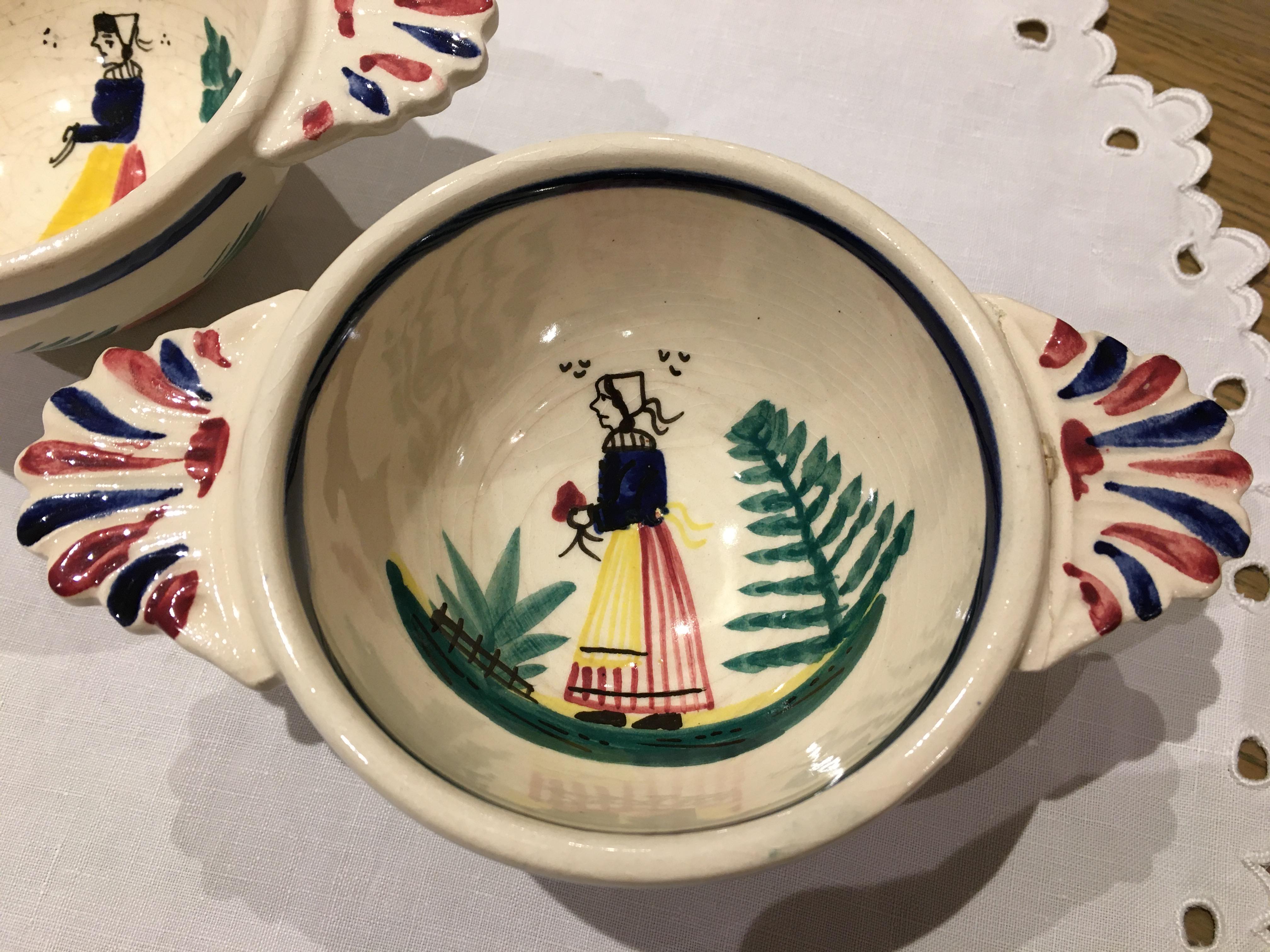 2 Ancient Ear Bowls (1950) - Hand-painted Quimper Ceramics