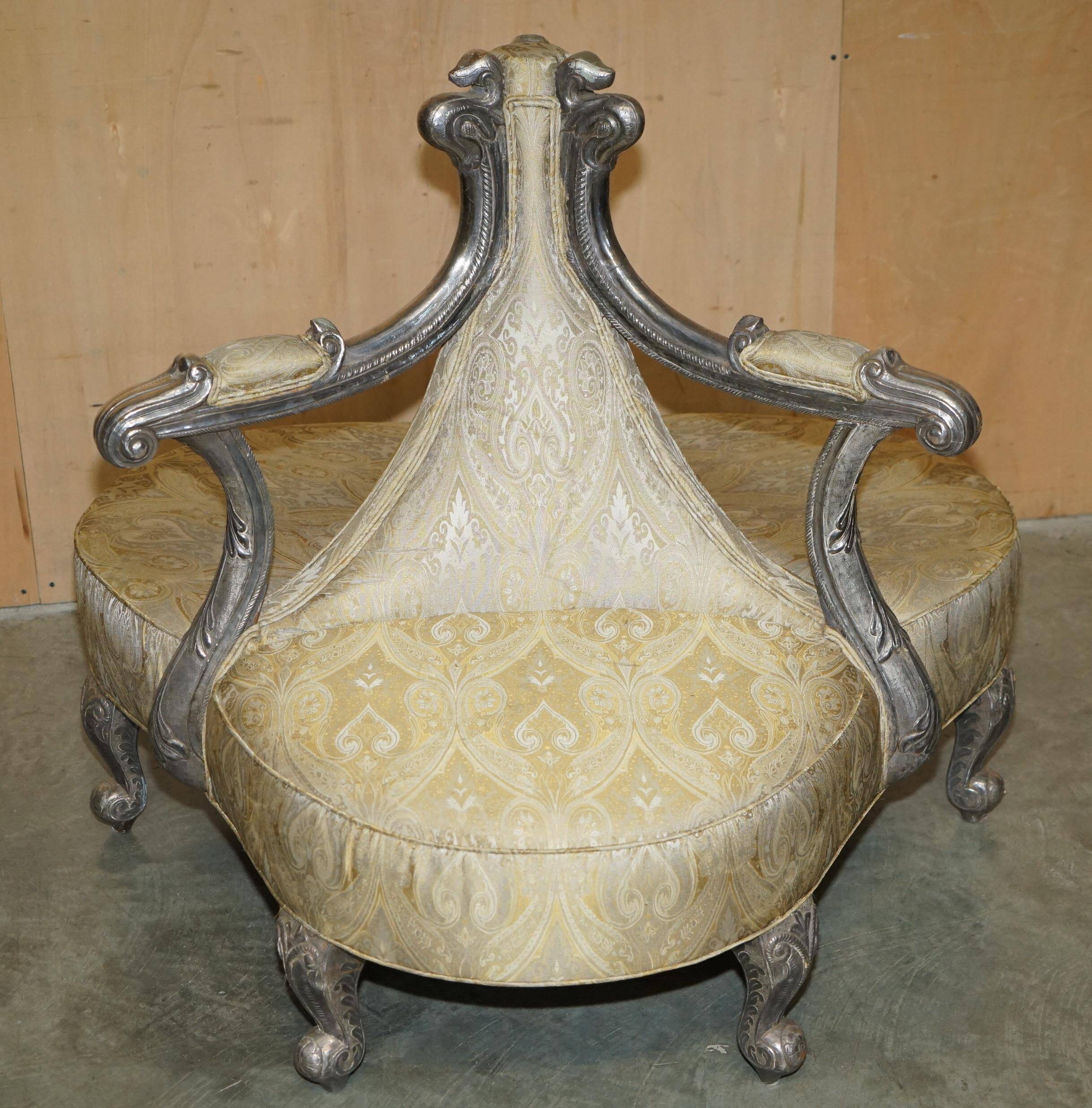 Silver-plated sculpted "Tete a Tete" canapé conversation, antique 19th century.