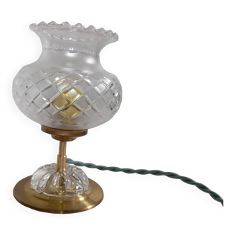 Brass and glass table lamp, cut glass tulip globe, retro chic