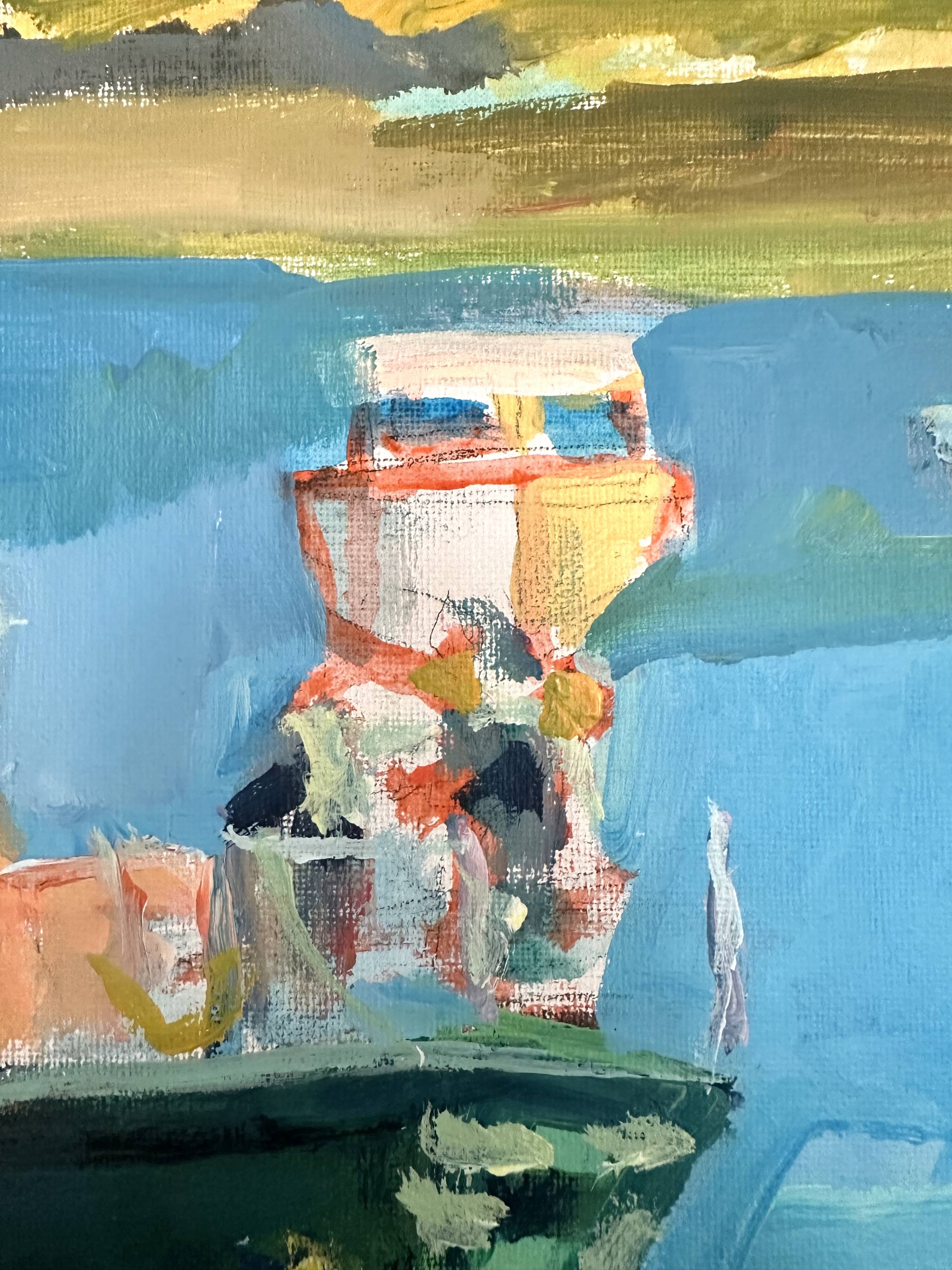Oil on canvas signed, fishing port with colourful boats.