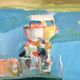 Oil on canvas signed, fishing port with colourful boats.