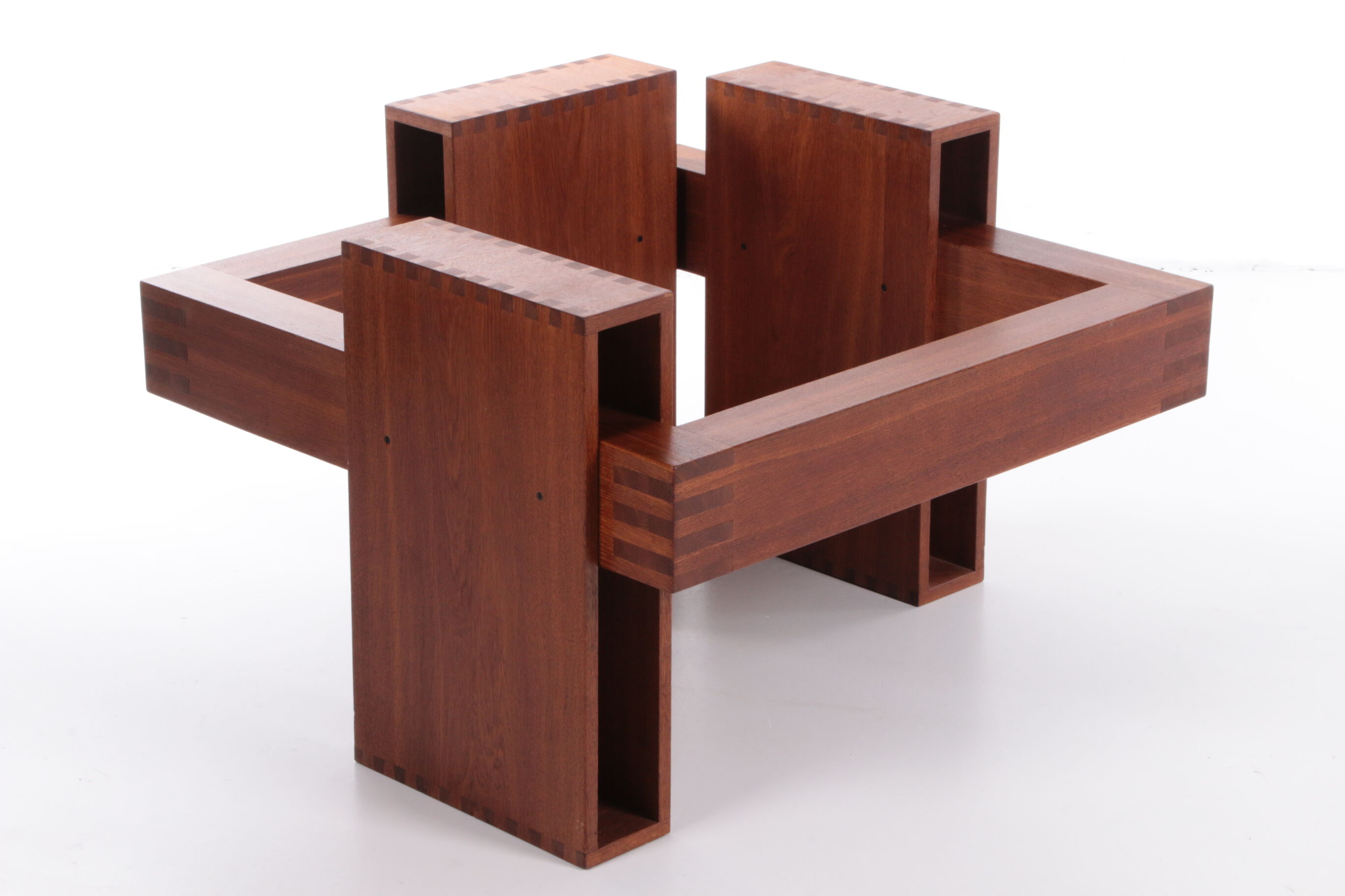 French Brutalist Design coffee table of teak with glass top, 1970