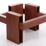 French Brutalist Design coffee table of teak with glass top, 1970