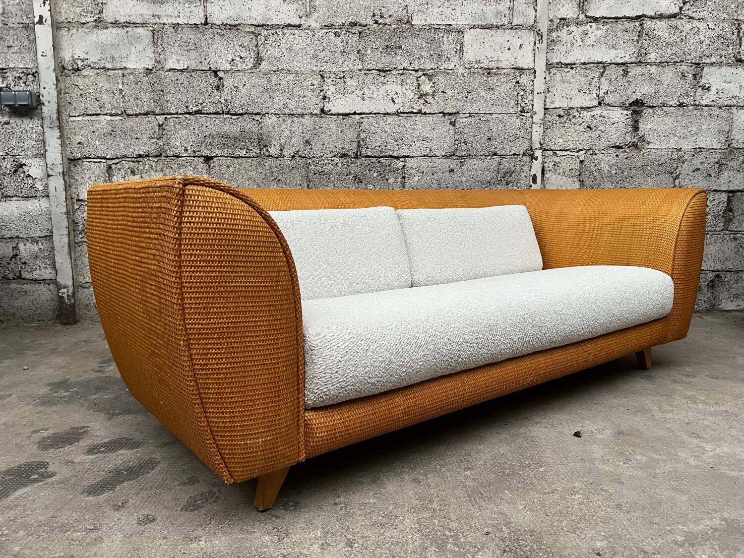 Vintage rattan sofa design 1970 ecru French terry fabric