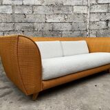 Vintage rattan sofa design 1970 ecru French terry fabric