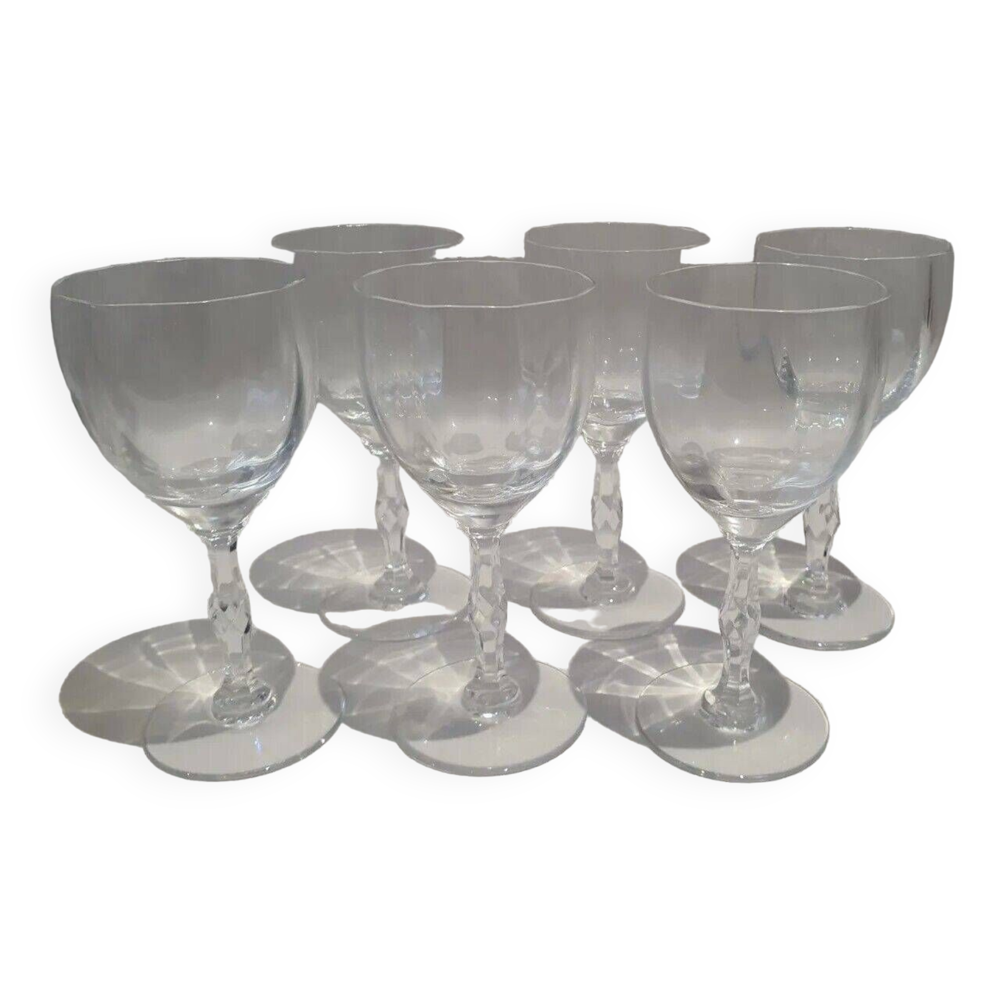 Set of 6 Faceted Balloon Glasses with Engraved St Louis Crystal Cut Feet