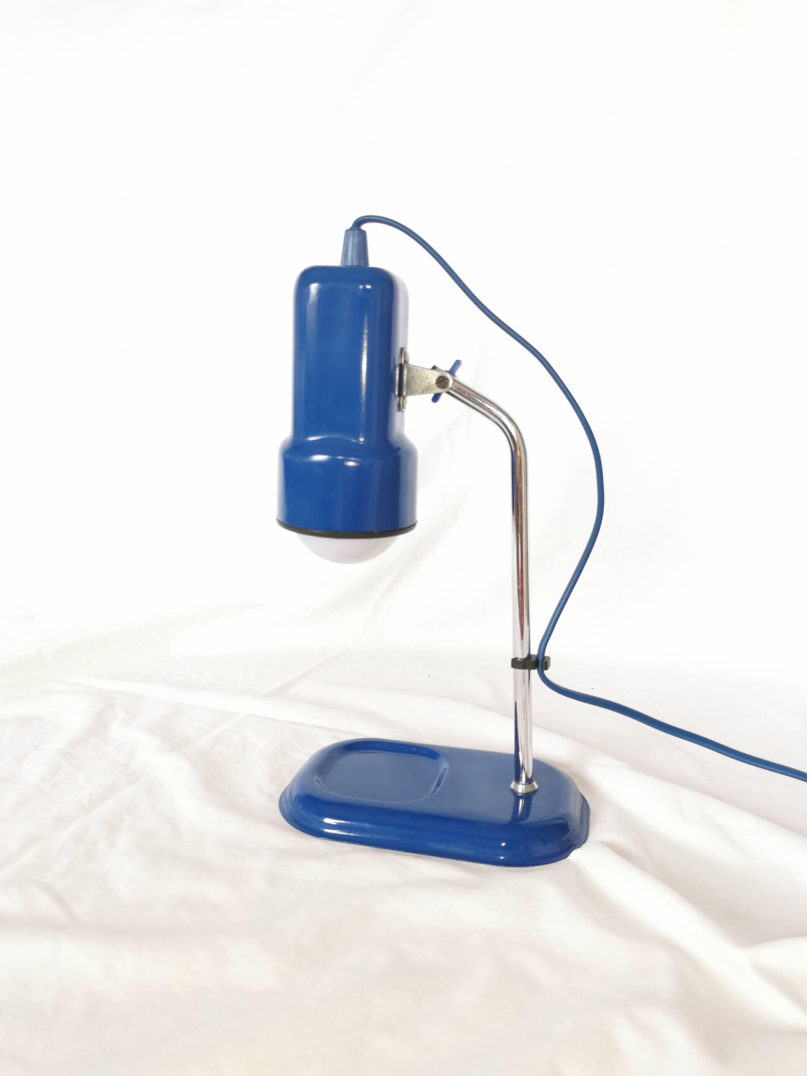 Blue and chrome adjustable spot desk lamp, Vrieland Design, Netherlands, 1970s