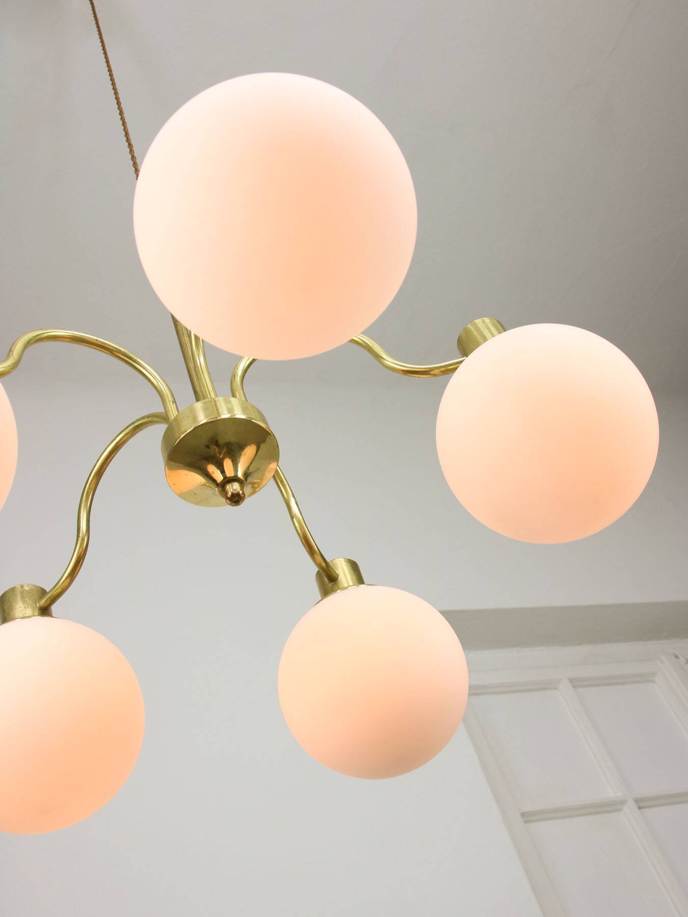 Italian Mid century Modern Chandelier in Brass and Opaline Glass, 1960s