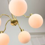 Italian Mid century Modern Chandelier in Brass and Opaline Glass, 1960s