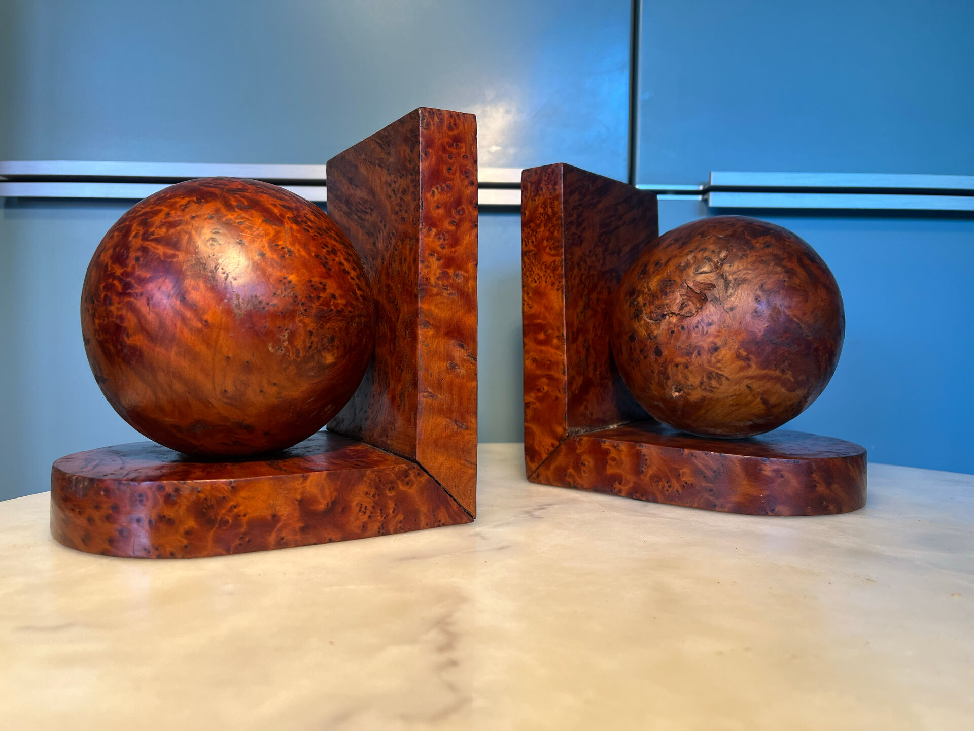 Art Deco pair of bookends in thuya burl.