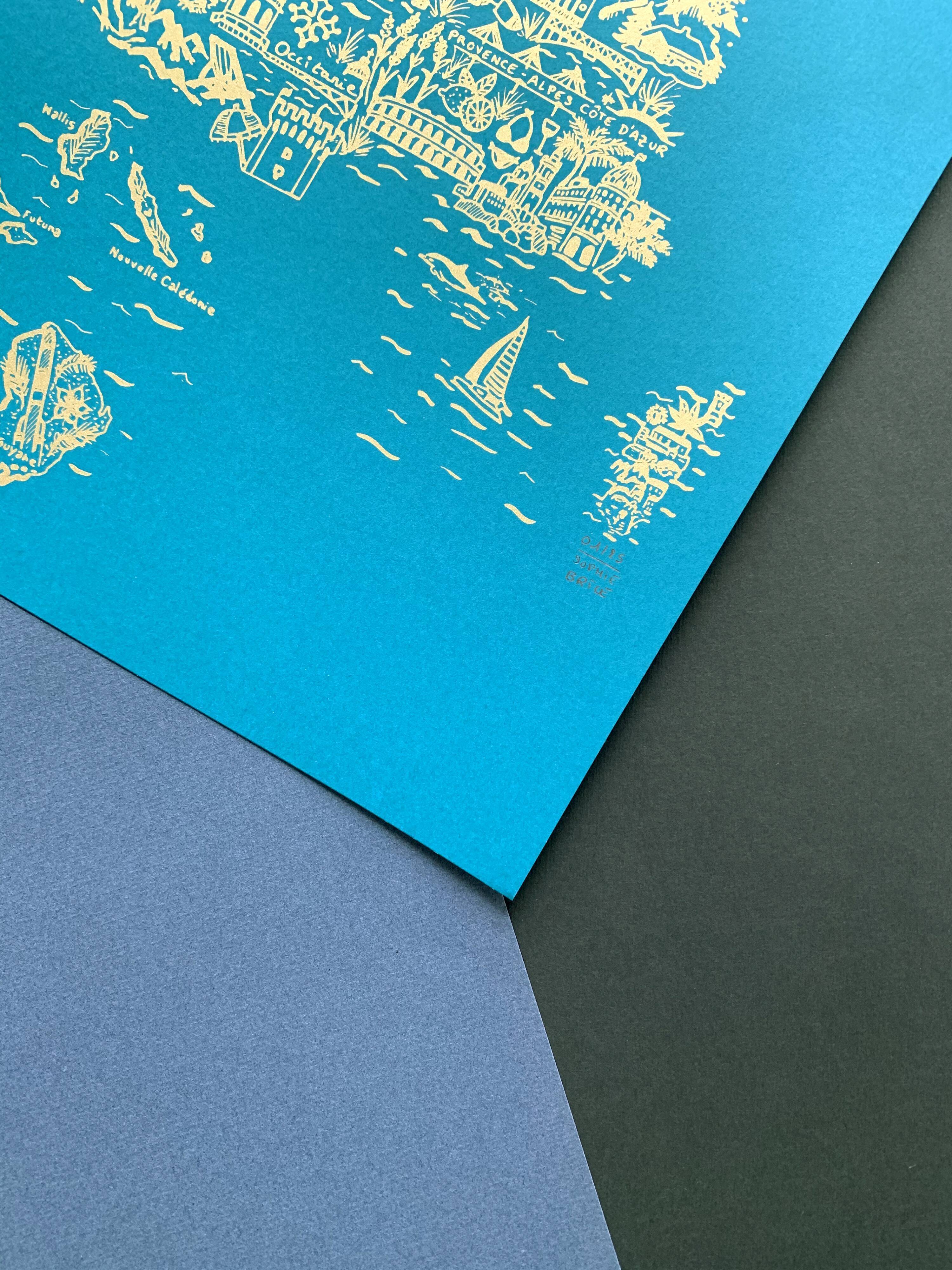 France turquoise & gold screen printing