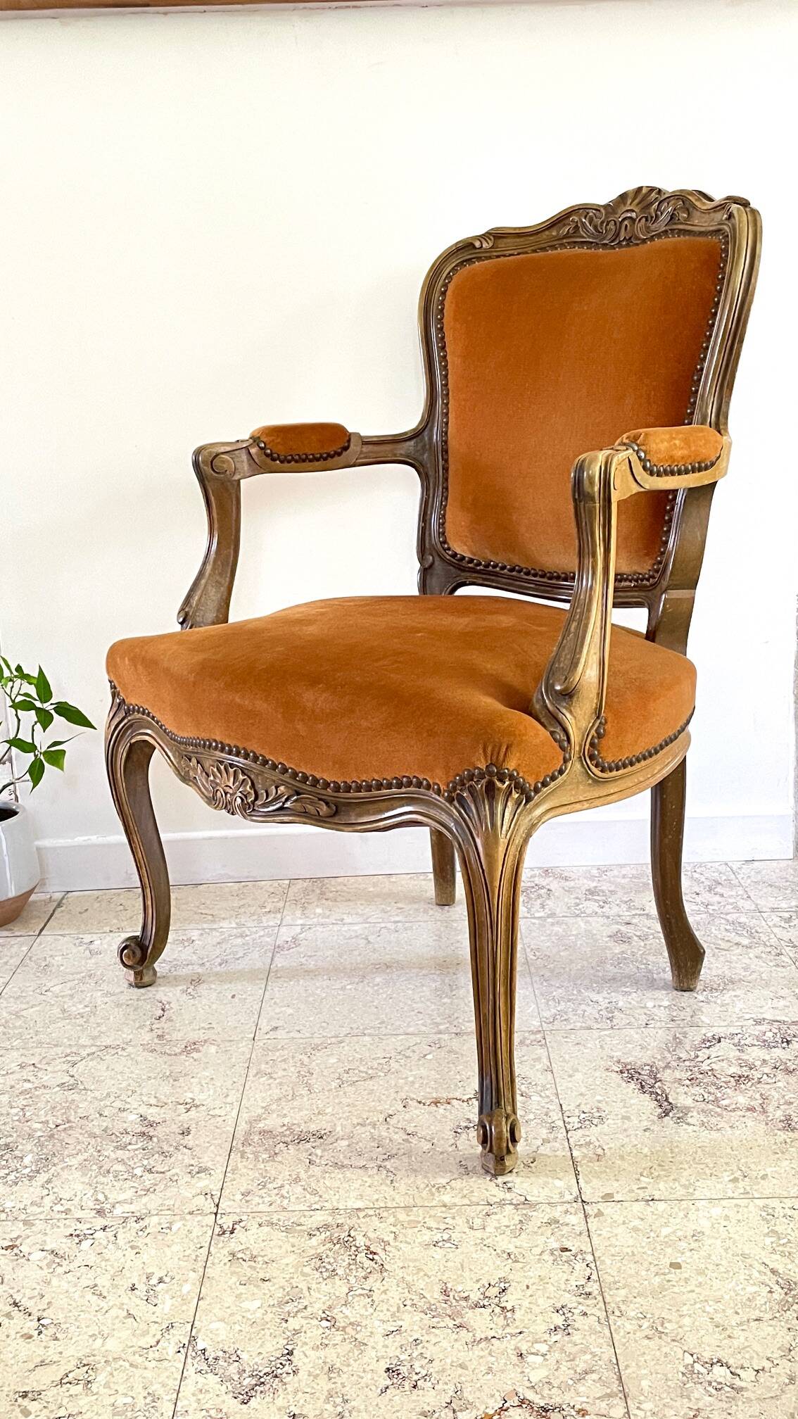 Vintage French Curry Velvet Cabriolet Armchair
