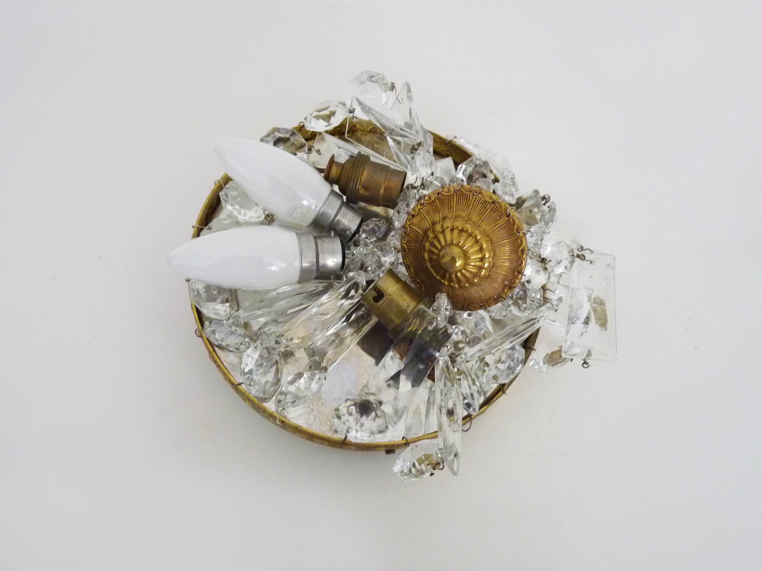 Old crown ceiling light with 2 bulbs, half basket with glass pendants.