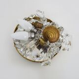 Old crown ceiling light with 2 bulbs, half basket with glass pendants.